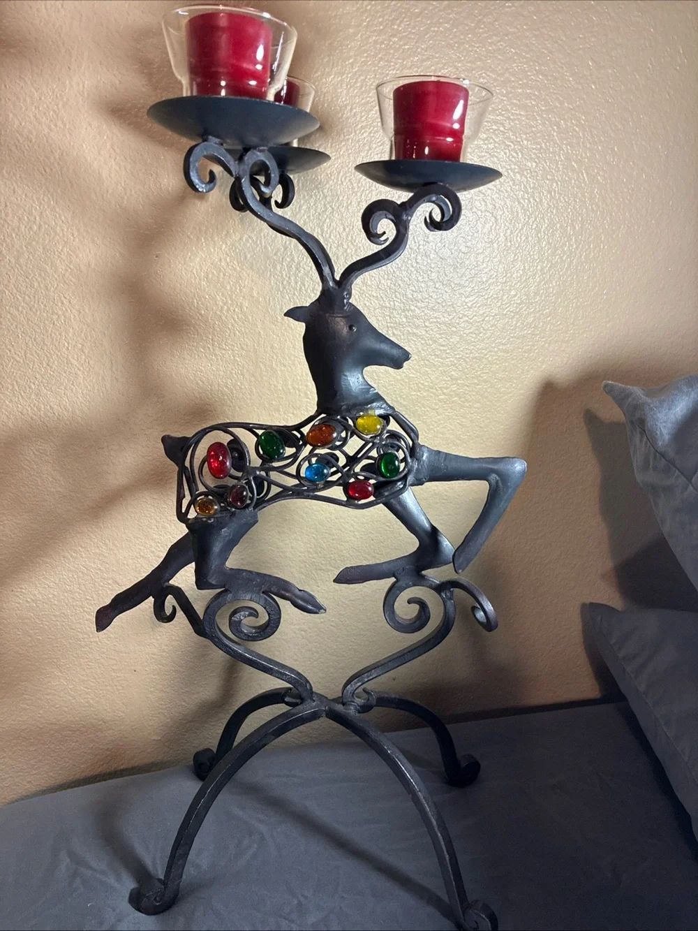 Pier 1 Imports Vintage Christmas Reindeer Tri Candle Holder Forged Iron Reindeer